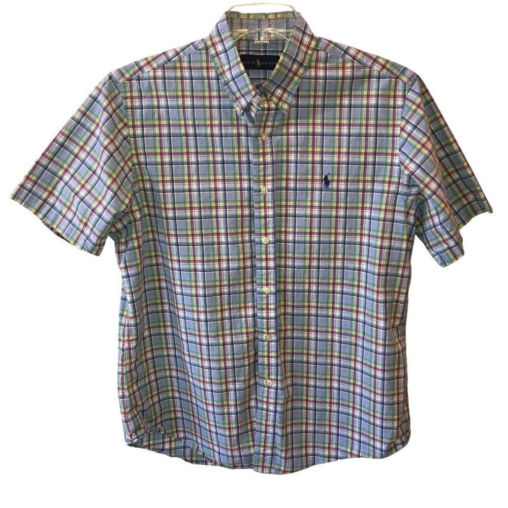 Ralph Lauren Mens Large Blue Pink Plaid Short Sleeve Button Down Shirt Size L